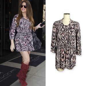 Sea New York 100% Silk Abstract Print Mini Shirt Dress Smocked Waist LongSleeve